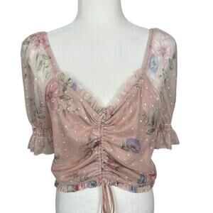 Willow Milkmaid Floral Polka Dot Mesh Top Size XL(Junior) Fairy Coquette Whimsy
